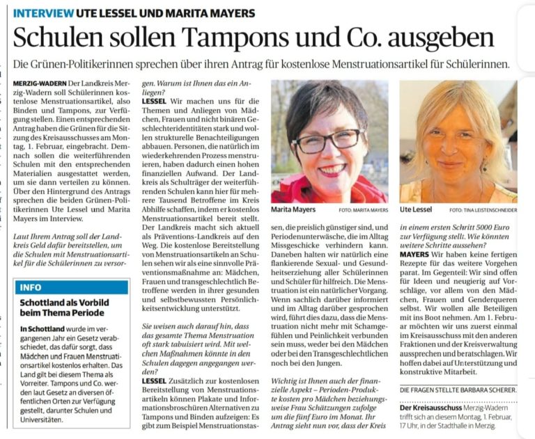 Kostenlose Abgabe von Mens­trua­ti­ons­ar­ti­keln in des Schulen des Landkreises